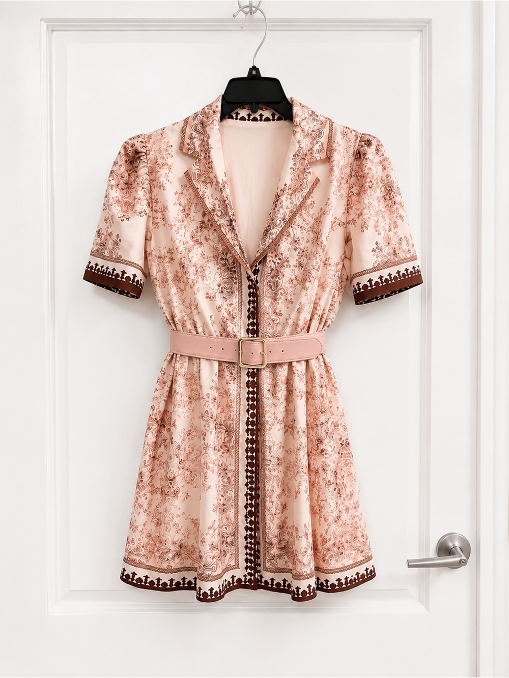 Pink Paisley-Print Short Sleeve Mini Dress with Matching Belt